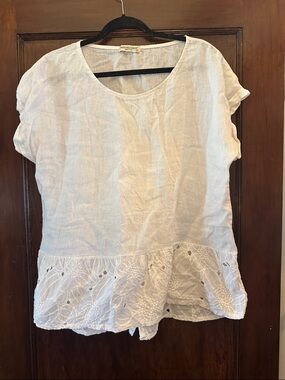 Lightweight White Linen Eyelet-Hem Top